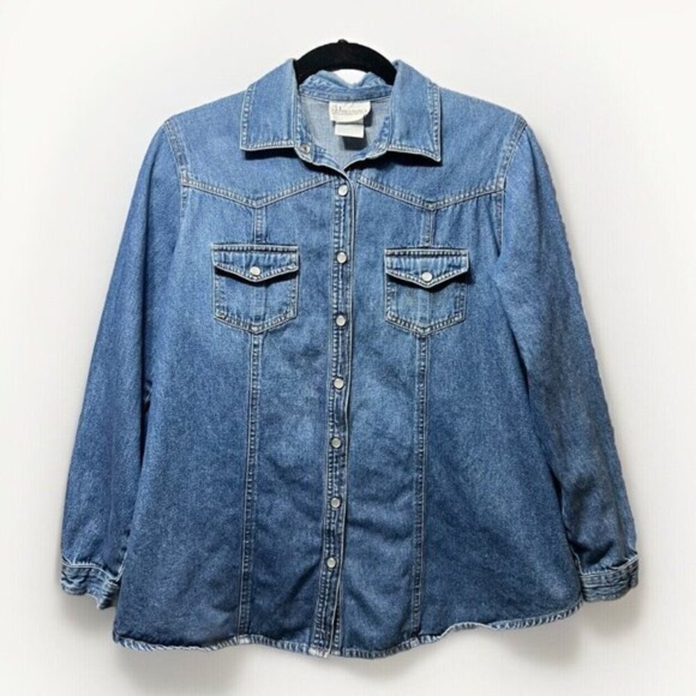Oh Mamma Maternity Small Denim Blouse Pearl Snaps Long Sleeve‎ Y2k 90s Vintage